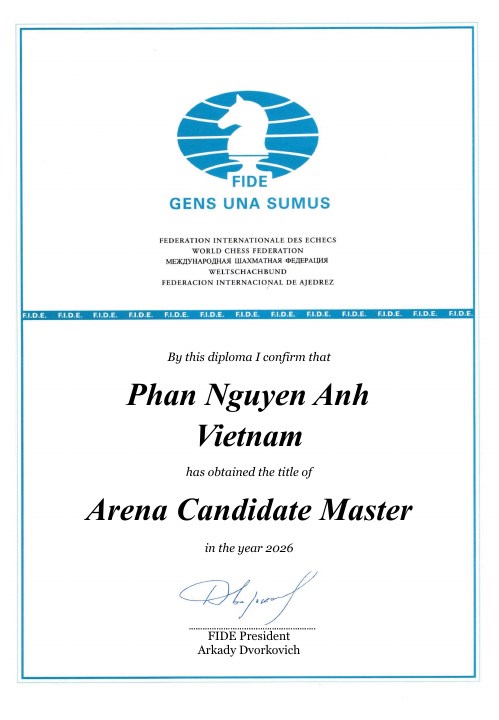 Chứng nhận Arena Candidate Master của học viên Phan Nguyen Anh, năm 2026