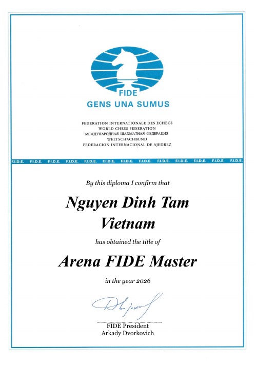 Chứng nhận Arena FIDE Master của học viên Nguyen Dinh Tam, năm 2026